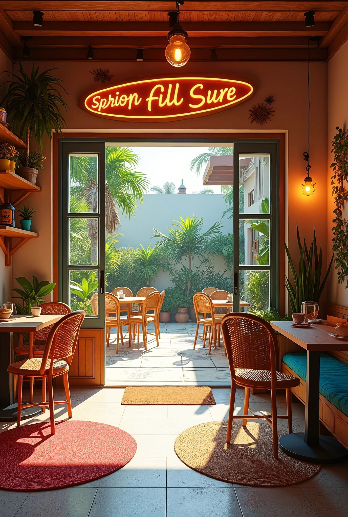 (photorealism:1.2), Picture, high qualitity, realistic interior design, Retro surf coffee shop, retro interior, surf decorations, front view of the coffee shop, colorful rugs and pillows, wooden tables, wicker chairs, big garden with lamps, rugs
