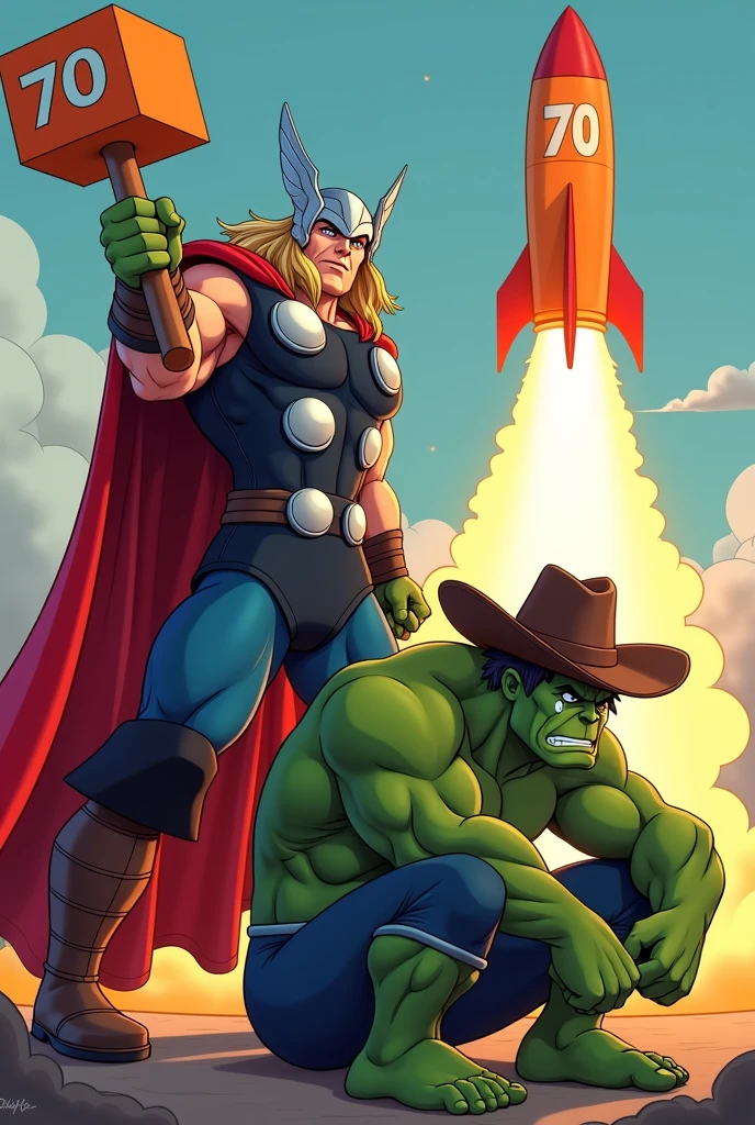 Make Thor with an orange mallet with the number 70, and the Hulk with a cowboy hat on his knees crying, and behind them an orange rocket with the number 70
