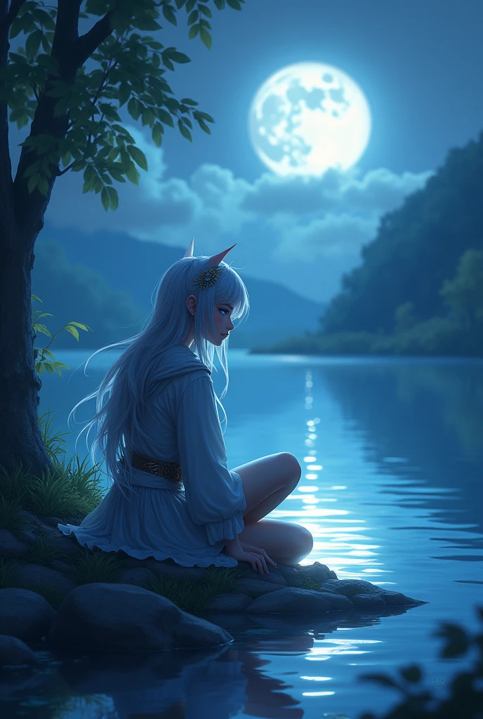 Karakter mobile legends Lunox was sitting by the lake, staring at the reflection of the moon in the water. Her blue eyes sparkled, reflecting the depths of her soul.