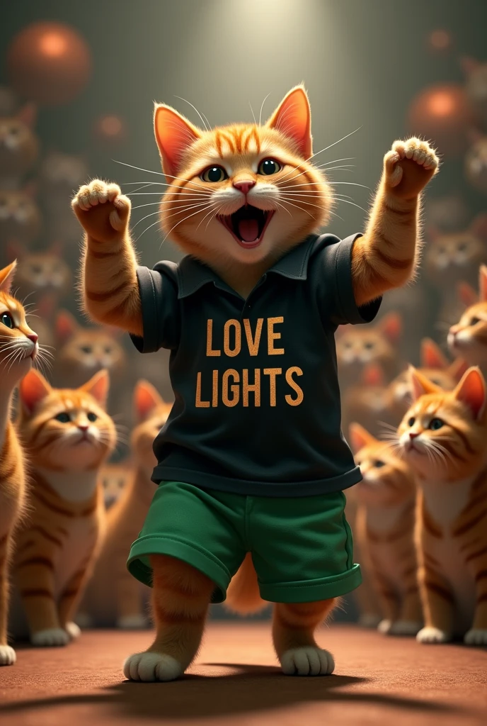 an anthropomorphic cat, dancing, around many cats looking at him, red green, shorts, green color, black polo shirt with letters love lights effect, cinematic, ultra-realistic, ultra-realistic 3D 16k.