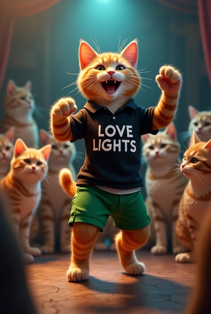 an anthropomorphic cat, dancing, around many cats looking at him, red green, shorts, green color, black polo shirt with letters love lights effect, cinematic, ultra-realistic, ultra-realistic 3D 16k.