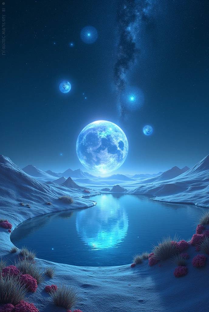 “Depict a vast, alien desert under a deep blue night sky filled with swirling galaxies and distant nebulae. The sand dunes are not ordinary; they shimmer with a soft, iridescent glow, and strange, bioluminescent plants grow sporadically across the landscape. In the center of the scene, a large, crystal-clear lake reflects the starry sky, creating an illusion of an endless universe both above and below. Floating above the lake are large, translucent orbs that emit a gentle, pulsating light. The a