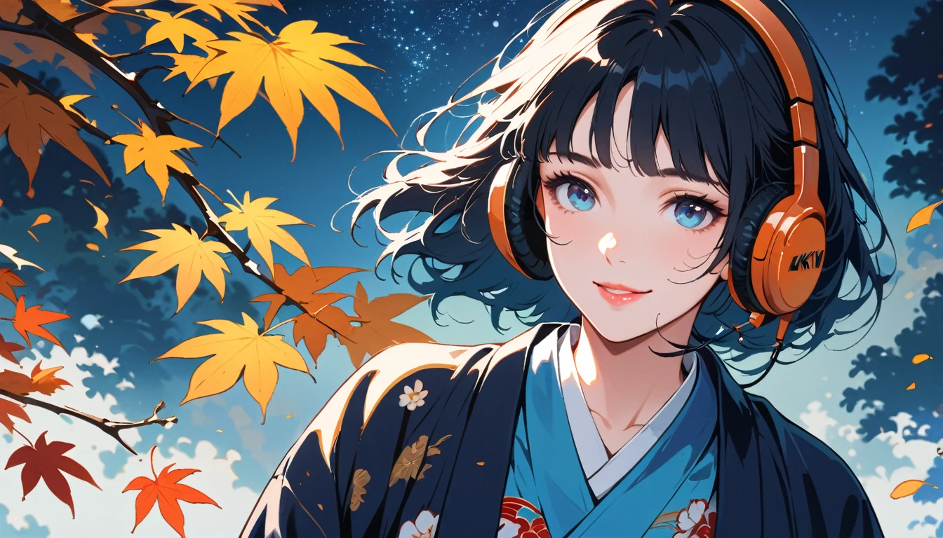 Japanese beauty, closeup of her face, beautiful eyes and lips, Hanfu, autumn scene, golden leaves, moonlight shining through the branches on her hair, in the style of cinematic photography, natural light, high definition. ((headphones)), ((background: night, starry sky)), ((ukiyo-e style)), ((smile)), ((1 girl)),
