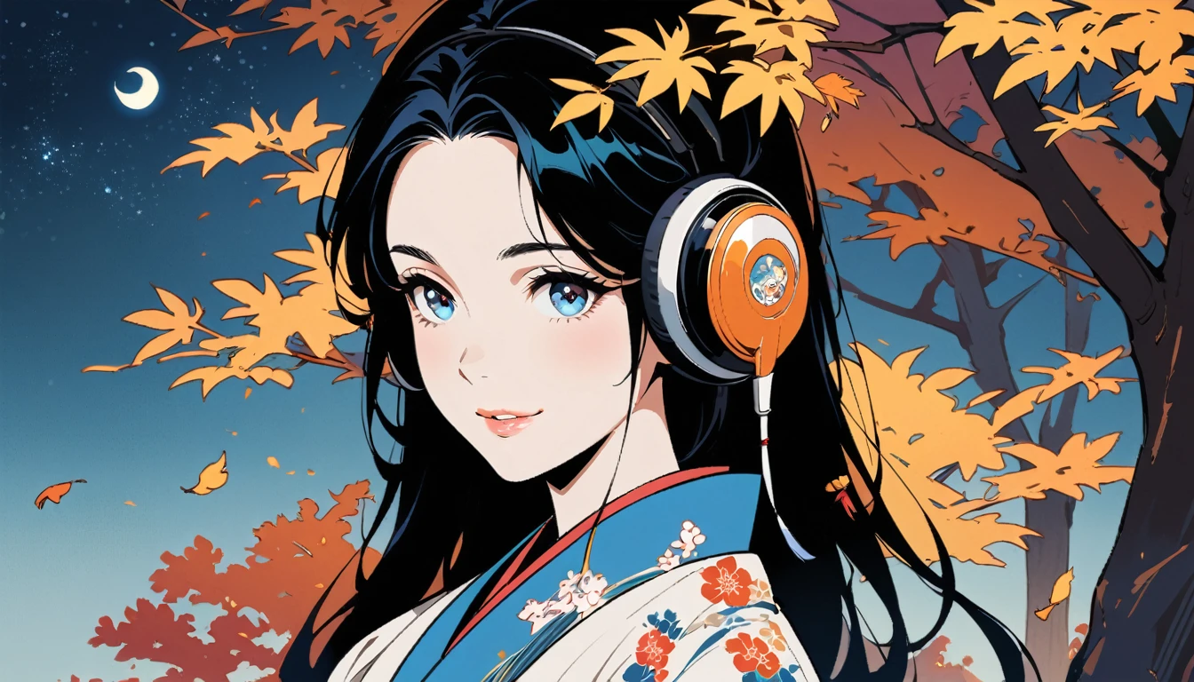 Japanese beauty, closeup of her face, beautiful eyes and lips, Hanfu, autumn scene, golden leaves, moonlight shining through the branches on her hair, in the style of cinematic photography, natural light, high definition. ((headphones)), ((background: night, starry sky)), ((ukiyo-e style)), ((smile)), ((1 girl)),