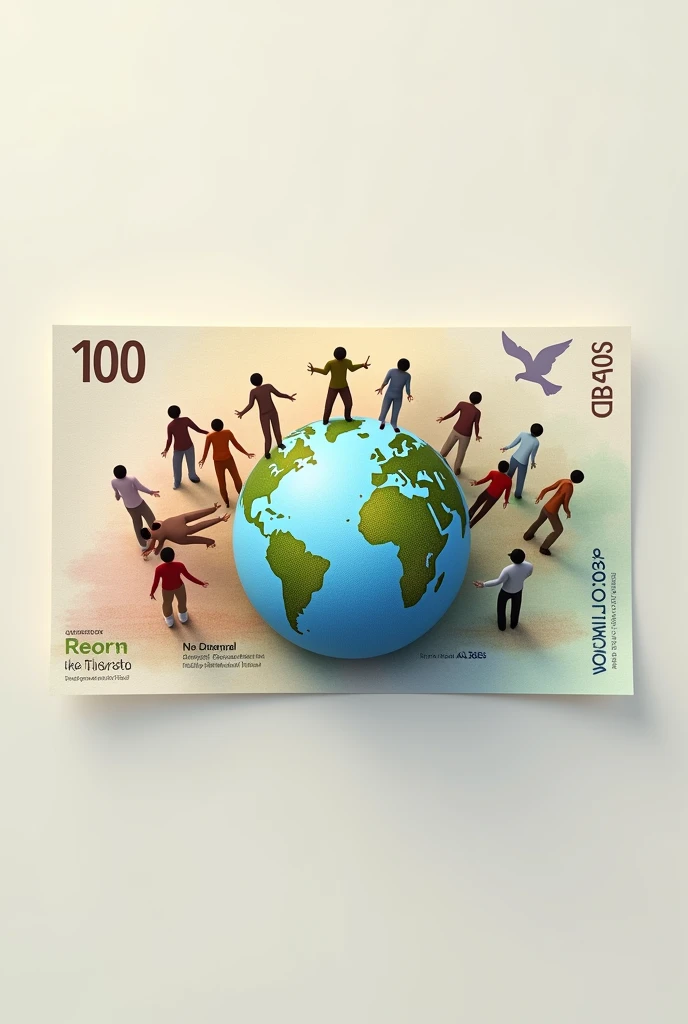 A horizontal 100 globalons note with a logo of a world with people of different ethnicities holding it, with a watermark of a dove in one corner of the note, Issued by the national bank and serial number AA3065S