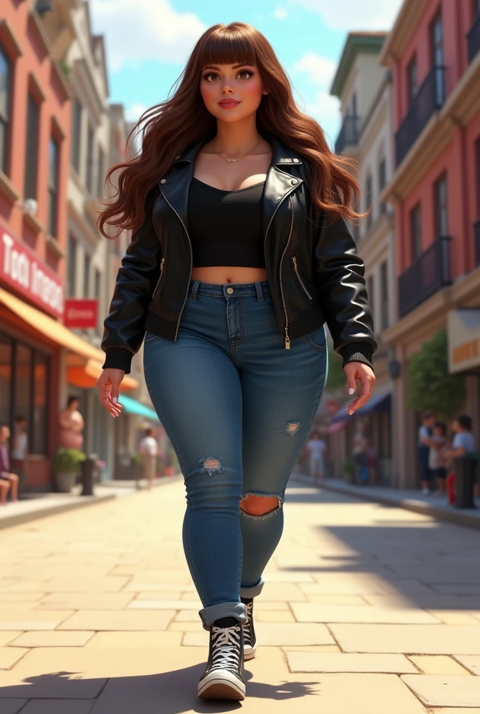 A woman of robust build and thick legs, Long wavy brown hair in layers to the elbows and straight curtain bangs. Dressed in denim jeans, black blouse, black leather jacket and black comverse boots. walking through the streets, Disney Pixar movie style digital art