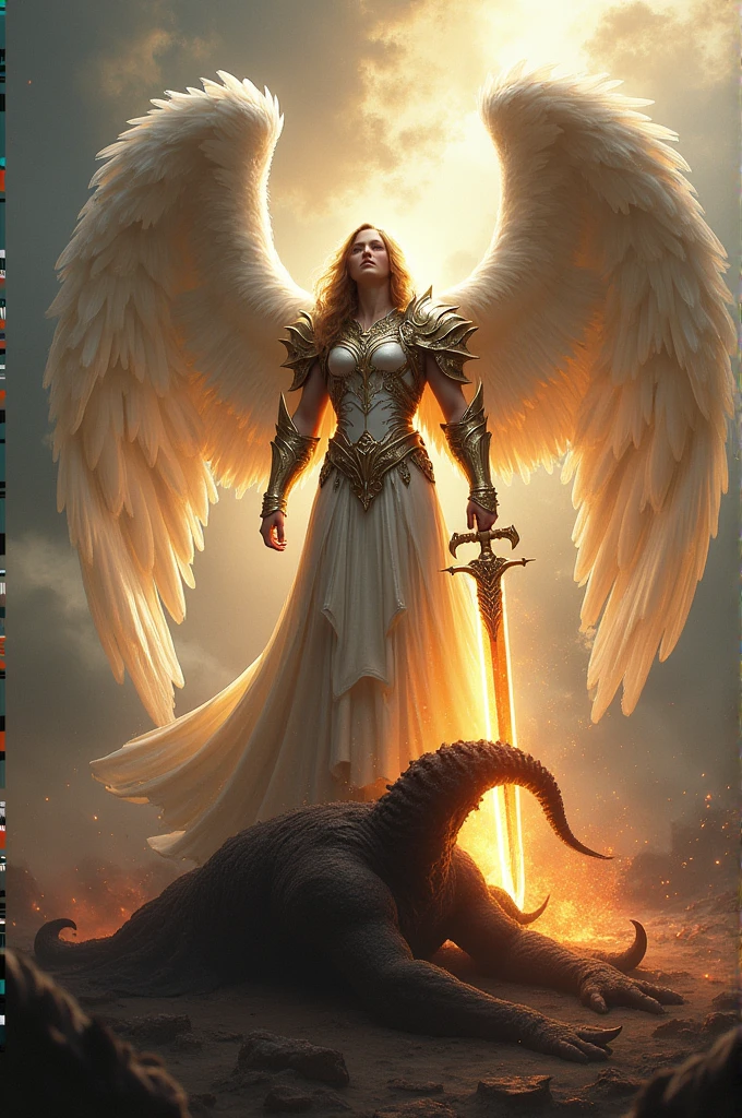 Create an angel with four wings with a sword defeating the devil