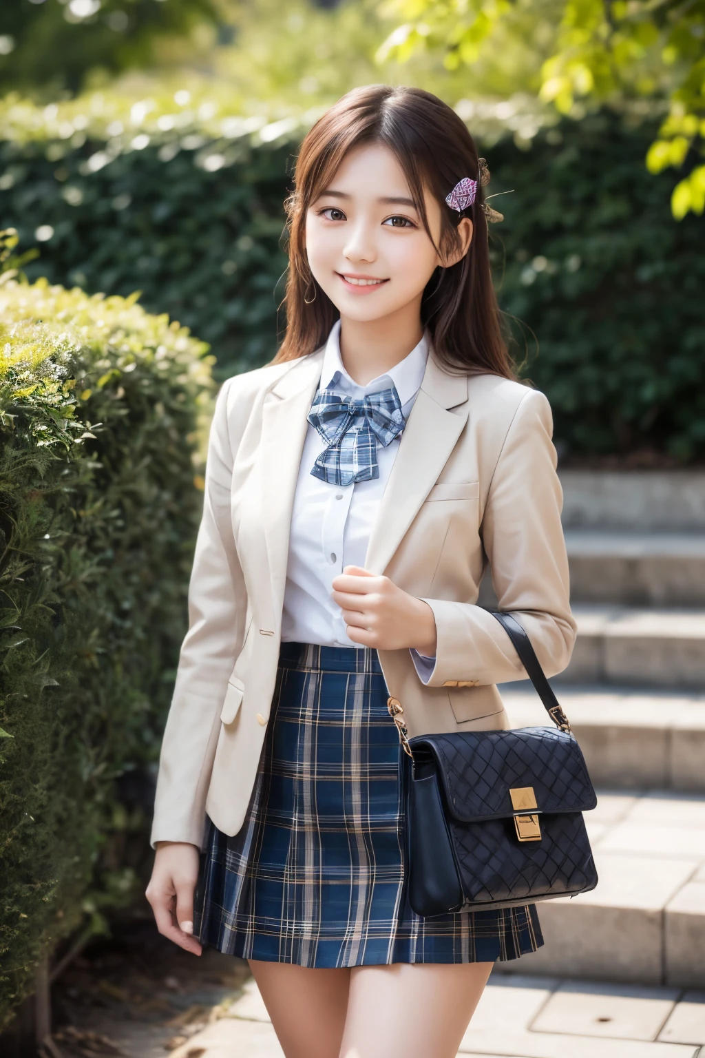 ung girl,very cute and beautiful japanese teenress,highly detailed beautiful face,smile,happy,
blazer beige school uniform,collared shirt,plaid bowtie BREAK detailed legs,zettai ryouiki,brown shoulder bag,
stylish pose,dynamic angle,hair ornament,black hair,(blue plaid mini skirt),
arbor in rose garden,stone stairs,solo,real person,photorealistic,8k,raw photo,