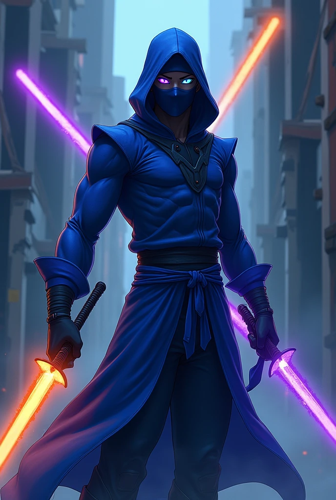 ANIME Blue ninja suit,has a jet black body and is masked. blue eyes,Glowing Green Eyes,Glowing Red eye,Has a total of 5 eyes including Shining Purple eyes and Shining White eyes and has a medium level muscle mass.,An anime man with one purple aura sword and one orange aura sword positioned diagonally behind him.