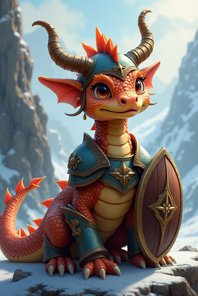 Make a realistic dragon, but cute that he has a Viking armor with his helmet and shield