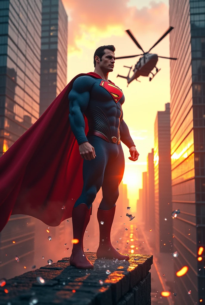 Superman dodging of bullets with fire ,jumping building, breaking glass ,glass peaces in air,sunrise,mulitary helicopter with machine gun,