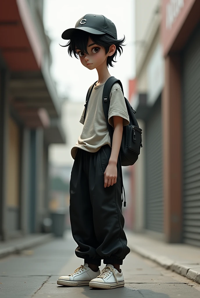 A tall, thin white boy with black baggy pants and white sneakers with a cap on the side