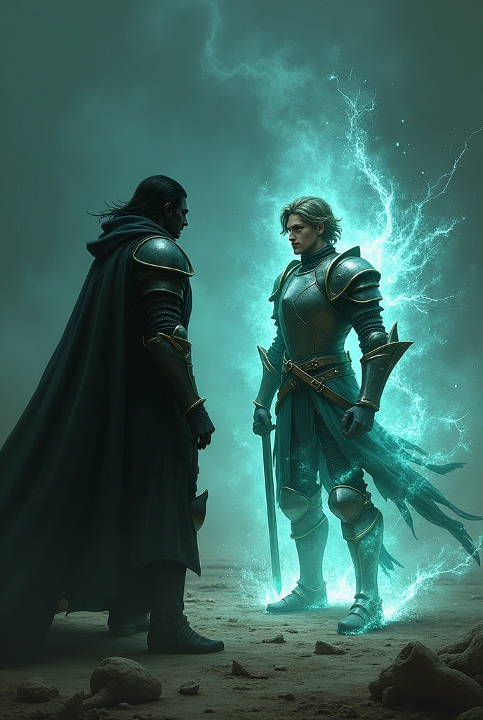 This man has almond shaped eyes, square face, green eyes, wavy hair.,offwhite,has a sword and aura,and he doesn&#39;t have a beard,It's Night,knight clothes,e It's Night em um ambiente vazio com ossos ,In an apocalyptic world,empty with little life,Hair forward ,smaller and potato nose,and the environment is dark,sem beard,e It's Night,is returning from a battle exhausted,Eland he doesn&#39;t have a beard,he has smooth, hairless skin,has no mustache,He doesn&#39;t have a beard,he also has weapons in his belt.Now make him fight his dark self,sem esse cabelo enorme e sem beard por favor.both with cosmic powers and auras 
