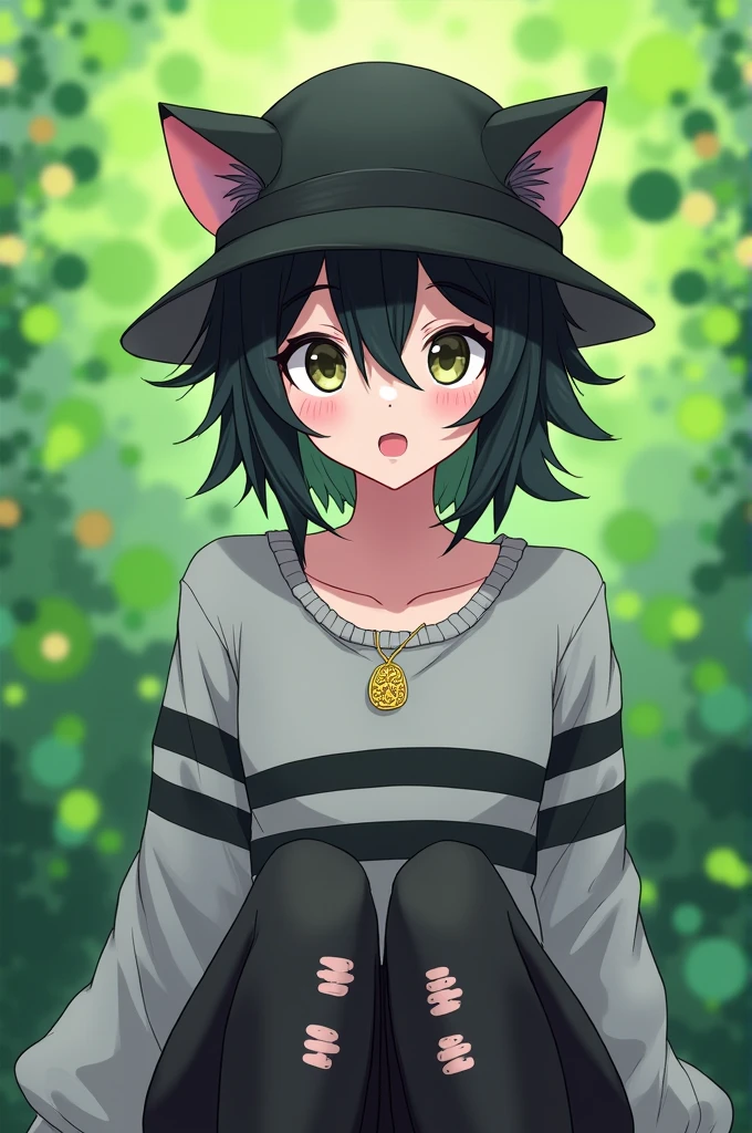 Create an anime character ,THAT HAS AS AN ACCESSORY ON THE HEAD A HAT WITH CAT EARS AND UNDER THE CAT HAT MESSY BLACK HAIR,HAVE A GREY SHIRT WITH LARGE BLACK STRIPES,black pants,WITH TWO PENDANTS ON BOTH LEGS,THE CHARACTER'S SKIN IS WHITE WITH A GREEN BACKGROUND