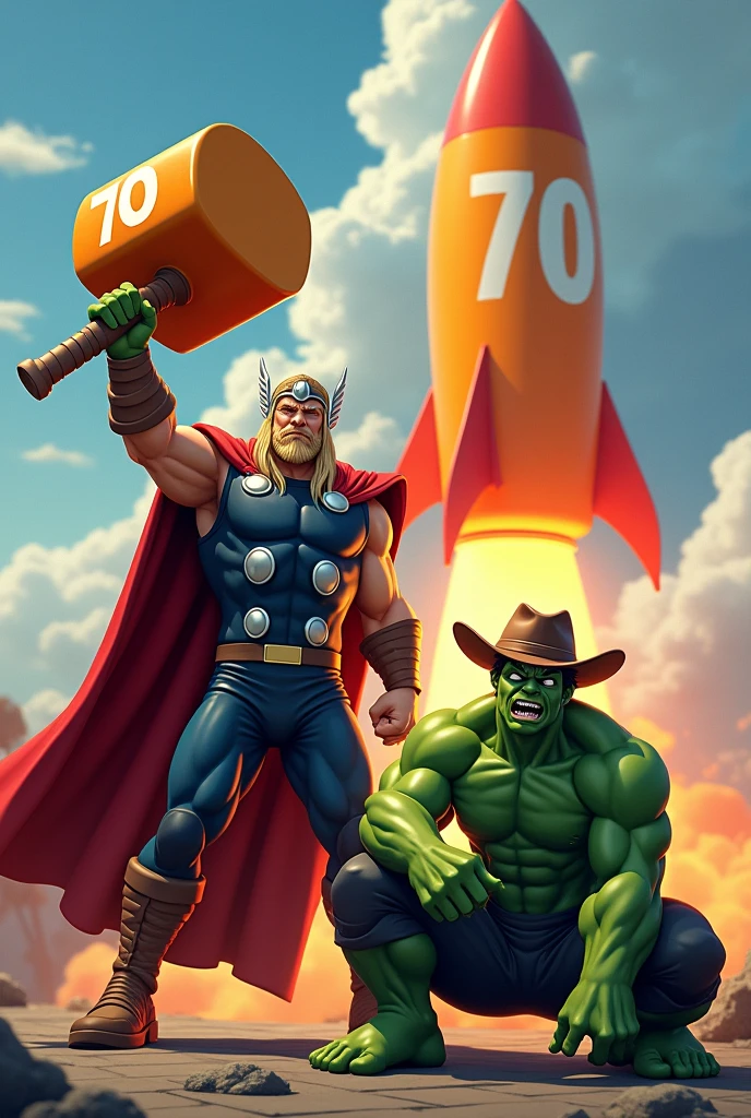 Make Thor with an orange mallet with the number 70, and the Hulk with a cowboy hat on his knees crying, and behind them an orange rocket with the number 70