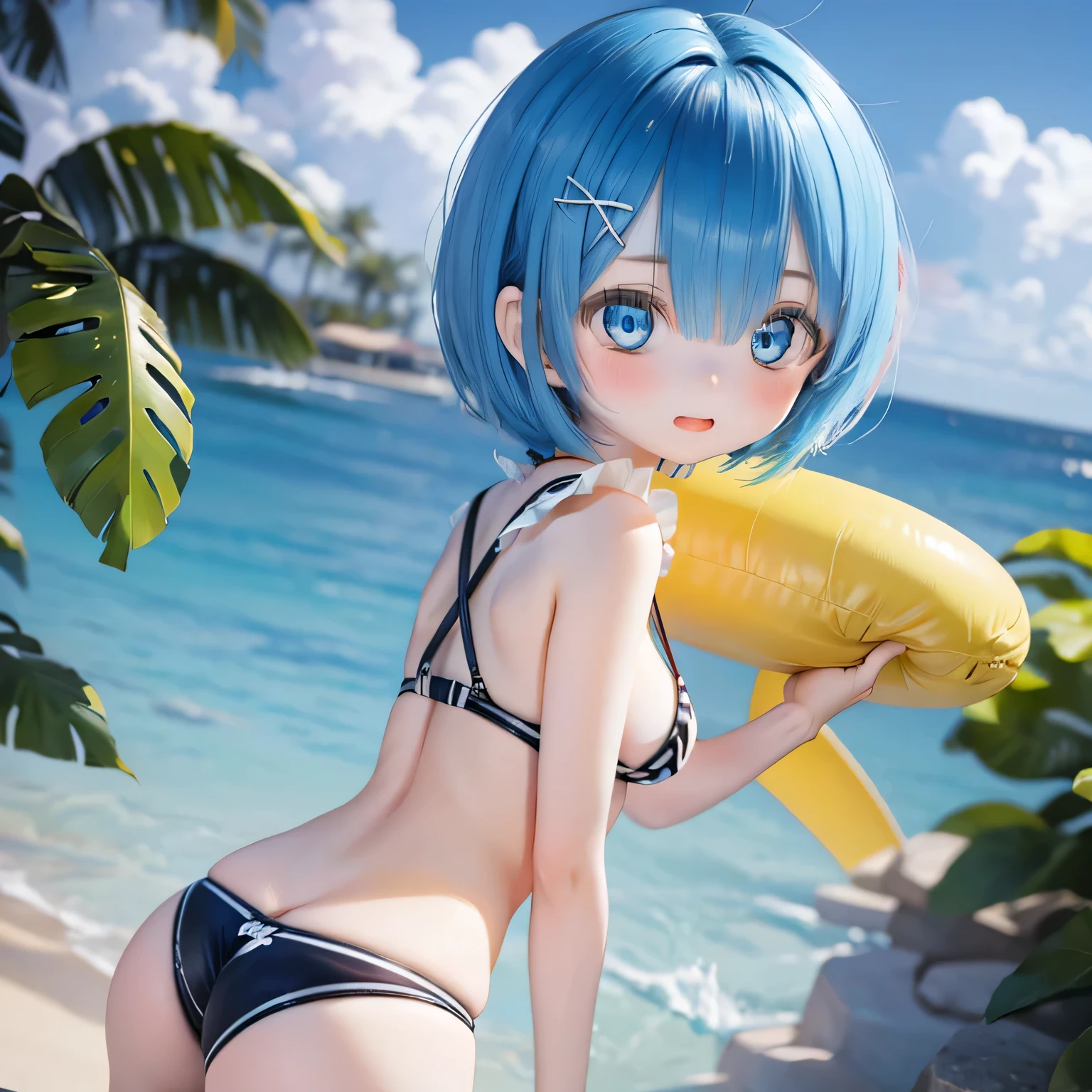 A 20-year-old woman named Rem,  Big Style, Have beautiful and delicate eyes, lips, And the face. Artwork must be of the highest quality, Sharp focus and ultra-detailed rendering. The color palette should be vibrant and vivid.  The medium must be illustration or digital painting. For more information, look、bikini And with a look of joy.セクシーなポーズ Blue Hair かわいいポーズ (((short hair)))、Blue Hair、Butt、(((Swimwear))) Super big breasts