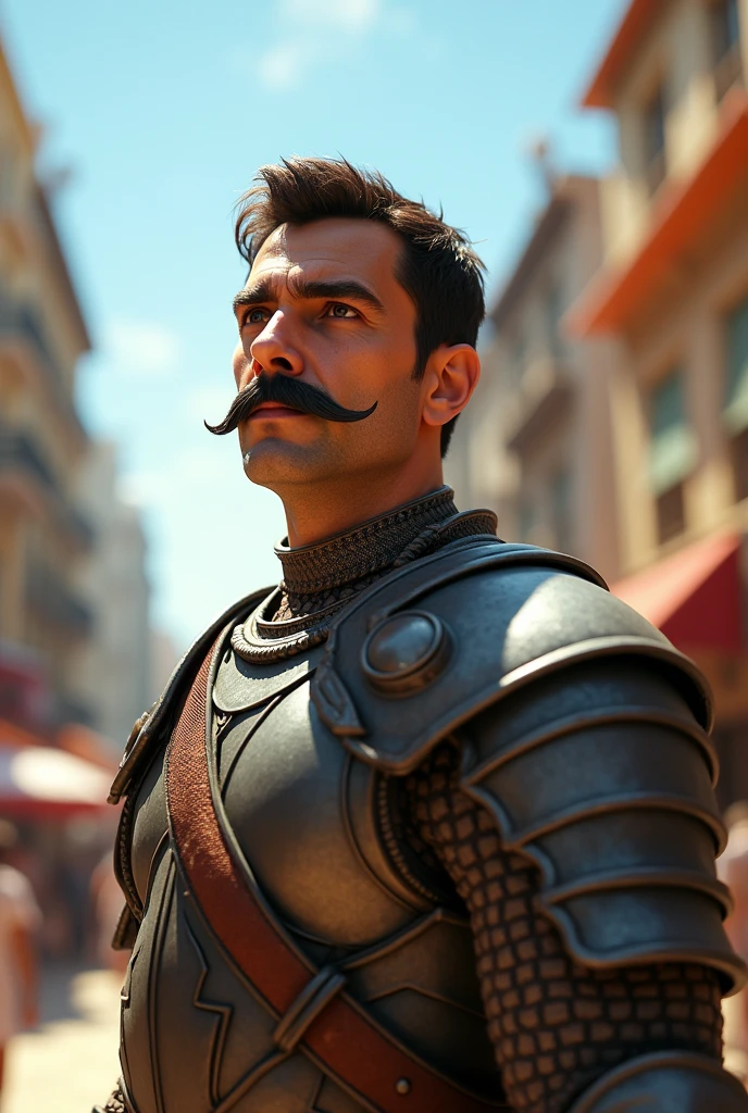 Generate a realistic image of a summer day in the city! Washon, with his characteristic mustache and his armor, is located on the edge of the scene, looking up with a serious and determined expression. Your skin has a healthy tone and natural texture., with some imperfections like freckles or acne that give it a more real touch