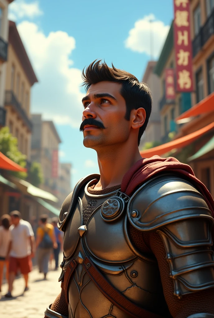 Generate a realistic image of a summer day in the city! Washon, with his characteristic mustache and his armor, is located on the edge of the scene, looking up with a serious and determined expression. Your skin has a healthy tone and natural texture., with some imperfections like freckles or acne that give it a more real touch