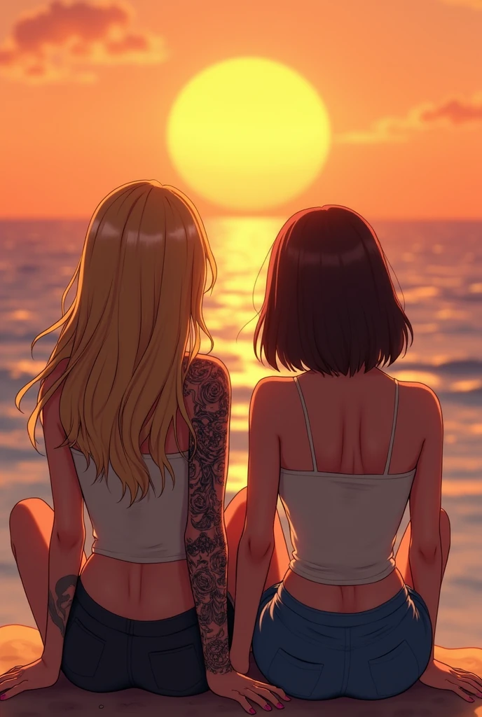 A couple of two girls watching the sunset, one girl has blonde hair and has a tattoo on her right arm, the tattoo is all over the arm, only one girl and the other has straight hair and the hair size is medium, the hair color is brown and watching the sea on a beach with the sunset without a skirt ,that they have normal clothes and that they don't have bangs,Only the blonde has the tattoo on just one arm and the blonde has long wavy hair and the one with brown hair has medium straight hair neither of them have bangs and only the blonde has the tattoo on her entire arm only the blonde has the tattoo on her arm and that both of them are sitting watching the sunset