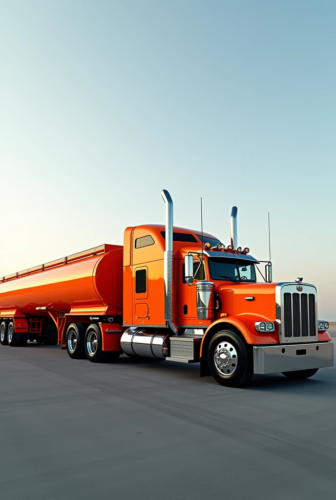 Freightliner Century truck in orange with double-axle tanker of the same color