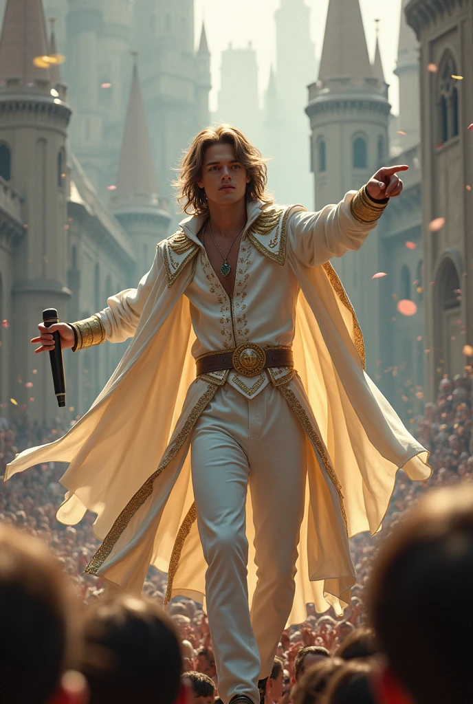 artwork best quality beautiful realistic american male teenager long brown hair light skin with white cape and hooded coat on head with gold details white long sleeve shirt and white pants underneath intricate details singing holding a microphone seen from afar pointing at the audience on top of an ancient medieval castle a concert with details uhq 8k details