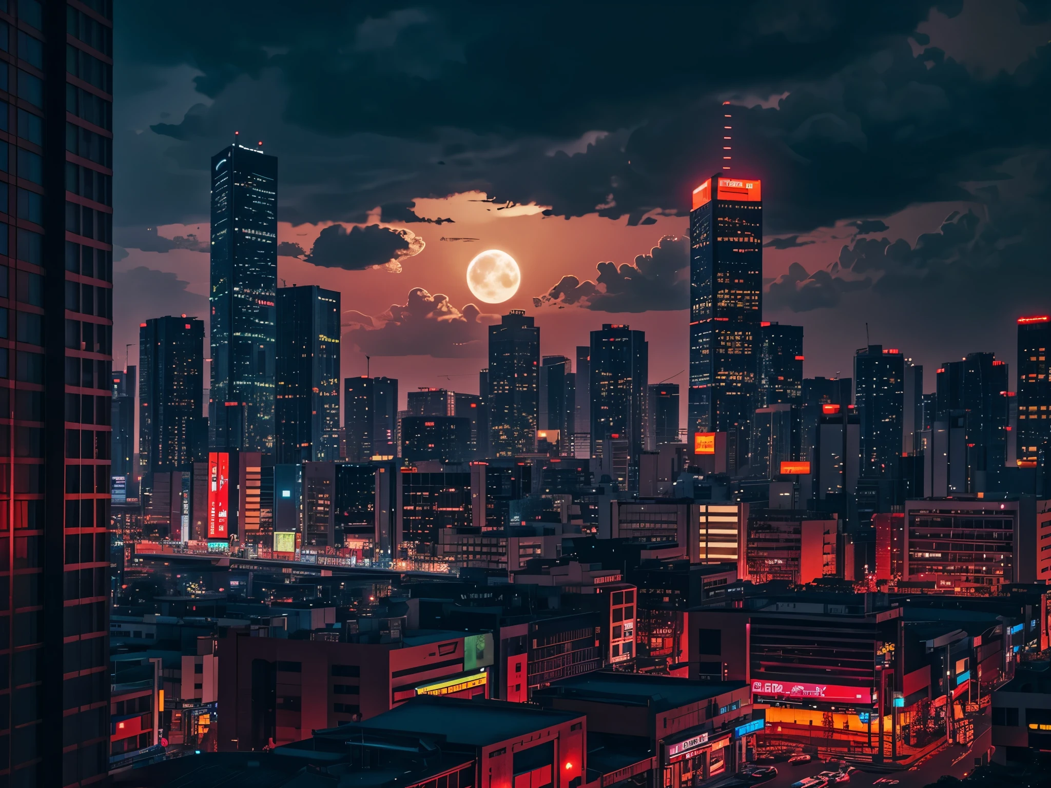 a night scene in a Japanese city, bright neon lights, Skyscraper, illuminated streets, cloudy sky with bright moon, Warm colors reddish tones , cinematic lighting, Stunning cityscape, Very detailed, dramatic atmosphere, with a semi-realistic style.