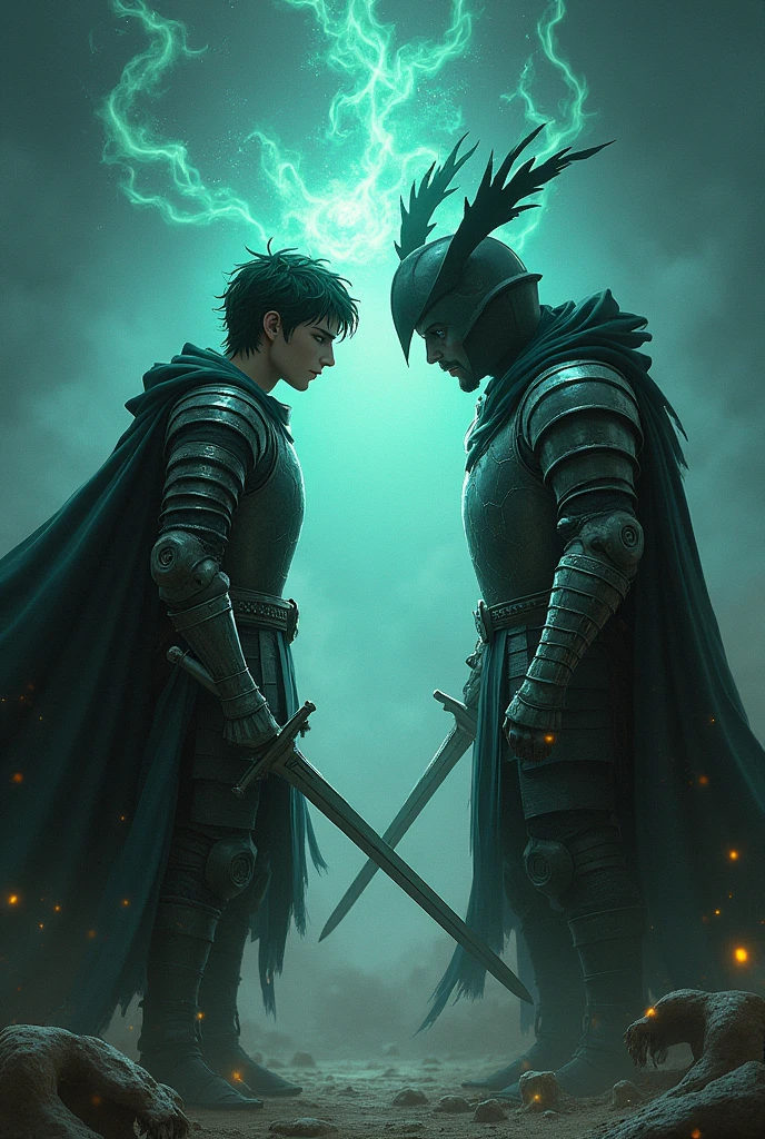 This man has almond shaped eyes, square face, green eyes, wavy hair.,offwhite,has a sword and aura,and he doesn&#39;t have a beard,It's Night,knight clothes,e It's Night em um ambiente vazio com ossos ,In an apocalyptic world,empty with little life,Hair forward ,smaller and potato nose,and the environment is dark,sem beard,e It's Night,is returning from a battle exhausted,Eland he doesn&#39;t have a beard,he has smooth, hairless skin,has no mustache,He doesn&#39;t have a beard,he also has weapons in his belt.Now make him fight his dark self,sem esse cabelo enorme e sem beard por favor.both with cosmic powers and auras 