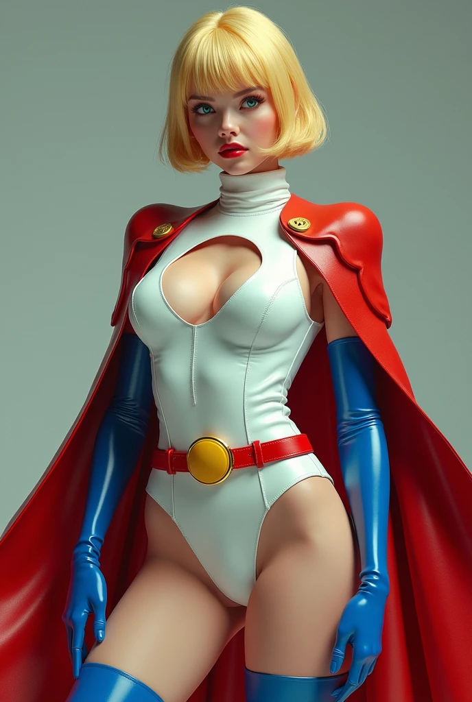 SEXY BUSTY FEMALE WITH SHORT BLONDE HAIR, BLUE EYES WEARING A WHITE TURTLE NECK LEATHER LEOTARD WITH A ROUND CUT OUT HOLE ON THE CHEST, LONG BLUE GLOVES, TALL BLUE BOOTS, A RED WAIST BELT WITH A YELLOW CIRLCE BUCKLE, AND A LONG RED CAPE. ABSURD 8K DETIALS AND TEXTURES. MASTERPIECE.