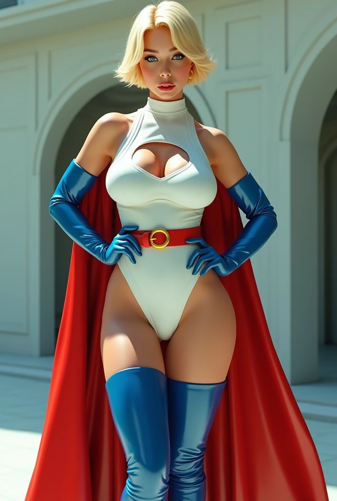 SEXY BUSTY FEMALE WITH SHORT BLONDE HAIR, BLUE EYES WEARING A WHITE TURTLE NECK LEATHER LEOTARD WITH A ROUND CUT OUT HOLE ON THE CHEST, LONG BLUE GLOVES, TALL BLUE BOOTS, A RED WAIST BELT WITH A YELLOW CIRLCE BUCKLE, AND A LONG RED CAPE. ABSURD 8K DETIALS AND TEXTURES. MASTERPIECE.