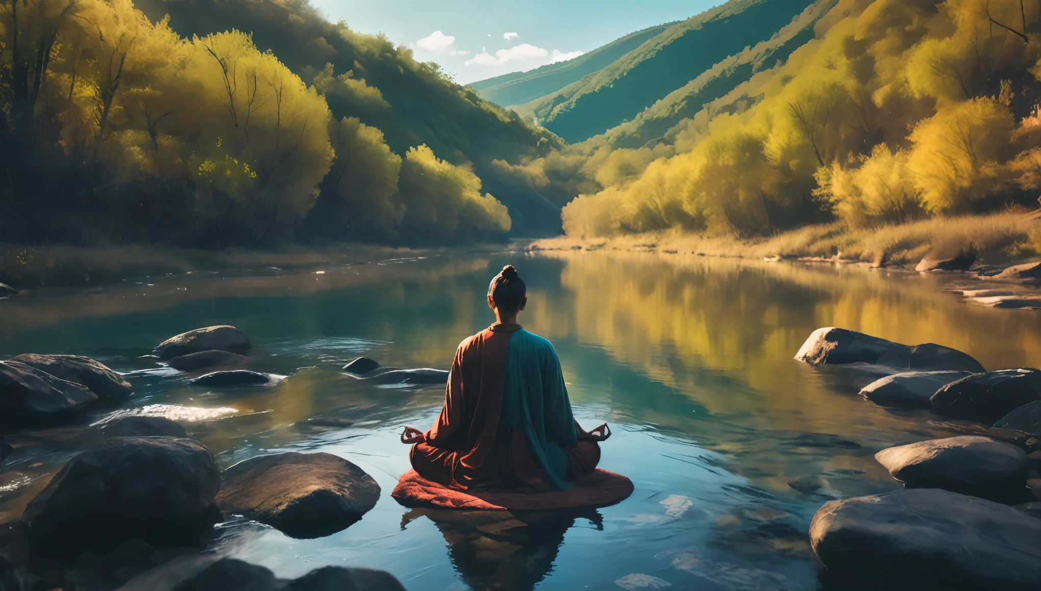 Person meditating. Loose Clothes. large and beautiful landscape of the small river valley. Dreamlike and fantastic world. Feeling of contemplation. Symbols of nature. strong and vibrant colors. cinematic lighting.