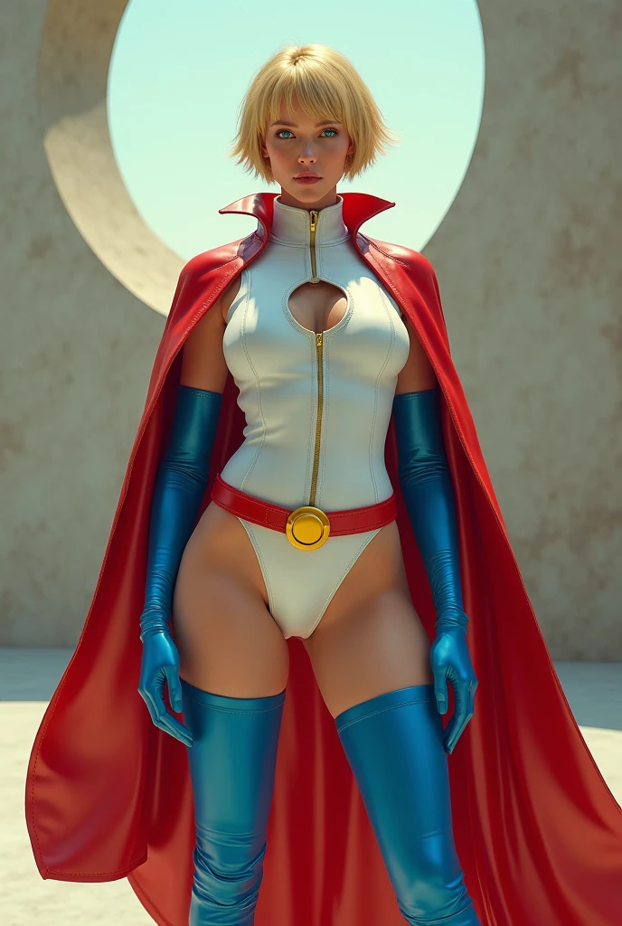 SEXY BUSTY TEEN FEMALE WITH SHORT BLONDE HAIR, BLUE EYES WEARING A WHITE TURTLE NECK LEATHER LEOTARD WITH A ROUND CUT OUT HOLE ON THE CHEST, LONG BLUE GLOVES, TALL BLUE BOOTS, A RED WAIST BELT WITH A YELLOW CIRLCE BUCKLE, AND A LONG RED CAPE. ABSURD 8K DETIALS AND TEXTURES. MASTERPIECE.
