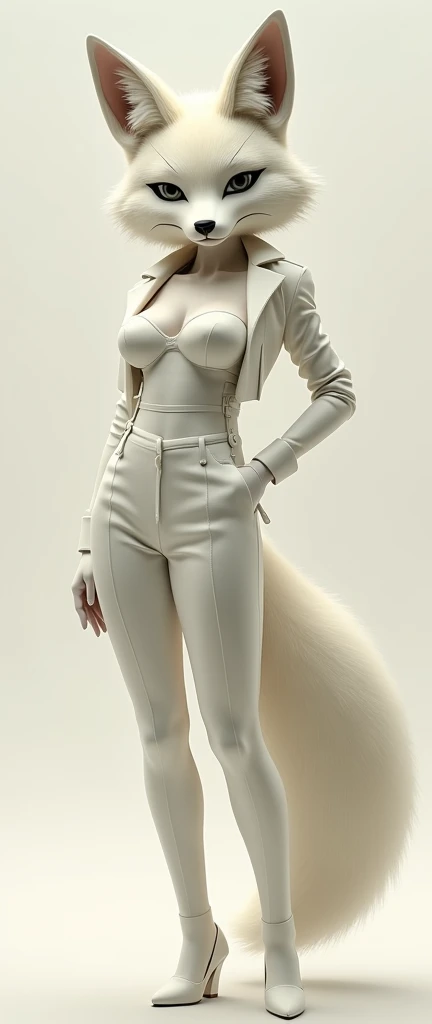 best qualityer, 4K, obra de artistry, artistry, anthropomorphic offwhite fox, not human, No dude, not human face, anatomical correct, correct fingers, offwhite wool, offwhite clothes, jeans (offwhite), jaket (offwhite), artistry fursonae, incredibly huge breasts (addressed), simple offwhite background, offwhite offwhite, green students, cunning look
