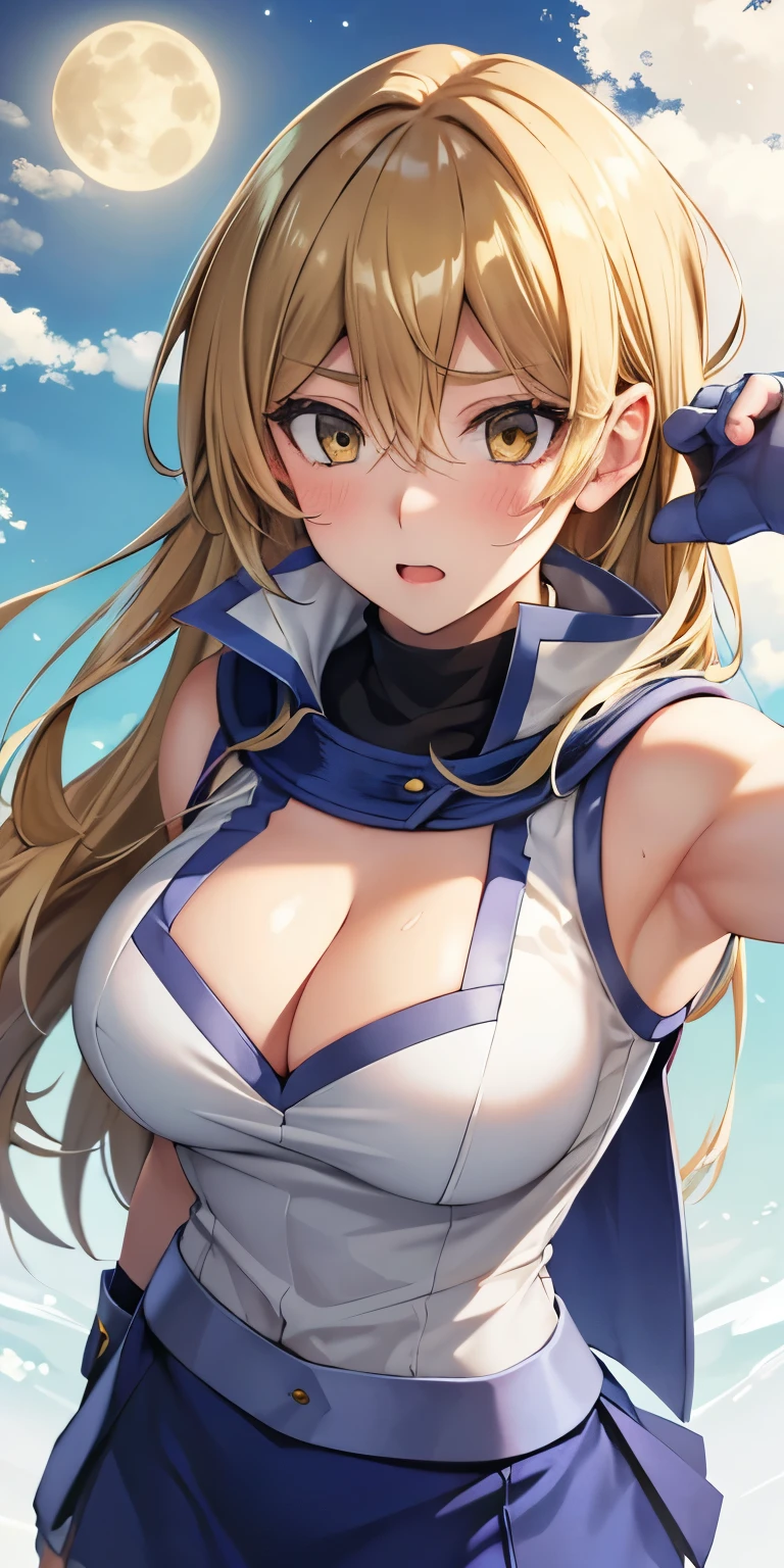 1 Female,High definition,high resolution,Ultra-realistic,8K, ta1, blonde hair, long hair, yellow eyes,white jacket, sleeveless, blue skirt, tight skirt, miniskirt,fingerless gloves, large breasts, miniskirt,European,sexy,Upper body close-up,Photographed from the front,Dynamic Angles,blush, (medium tits ),full body , (forest),(sky),( moonlight ),(cleavage),fighting stance