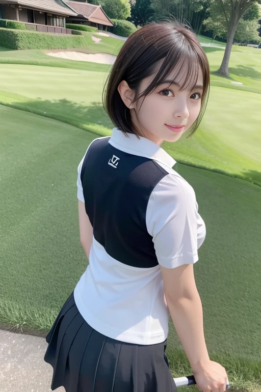 You are a professional photographer,BREAK,A healing presence、(4K,8k,Masterpiece,Realistic)、Super Resolution:1.3、Real、 RAW Photos、(Realistic:1.2)、(Japanese women)、Japanese Idol、(Beautiful face in every detail)、Angle from behind、2、A gentle gaze、Natural Makeup、short hair、Cleavage、Sexy golf wear、mini skirt、Wear a sun visor、smile、Golf course、Turf、Outdoor