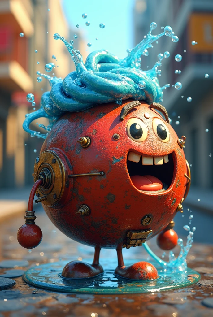 Draw a picture of an animated time bomb , happy, with a logo representing the social solidarity economy and having a hat made of water