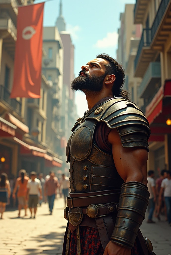 Generate a realistic image of a summer day in the city! Wason, with his trademark mustache and armor, stands at the edge of the scene, looking up with a serious and determined expression. Your skin has a healthy tone and a natural texture, with some imperfections like freckles or acne that give it a more real touch.
