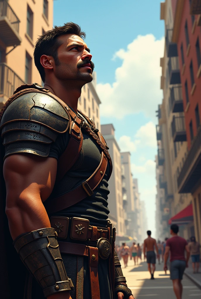 Generate a realistic image of a summer day in the city! Wason, with his trademark mustache and armor, stands at the edge of the scene, looking up with a serious and determined expression. Your skin has a healthy tone and a natural texture, with some imperfections like freckles or acne that give it a more real touch.