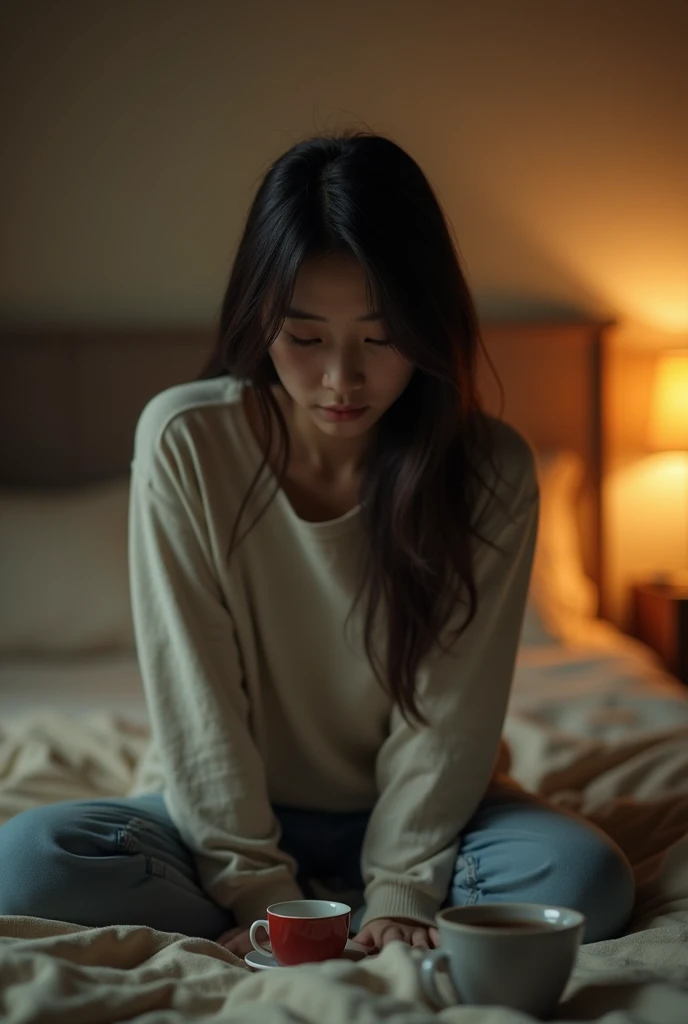 Not feeling good,Asian,Warm colors, full body, sit on the bed