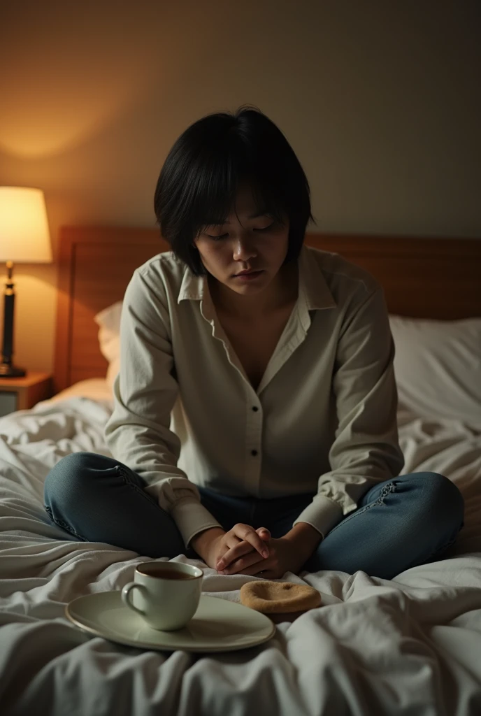 Not feeling good,Asian,Warm colors, full body, sit on the bed
