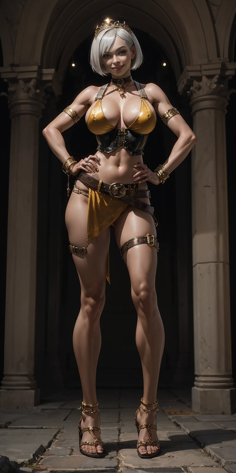 full body, whole body, solo, female, short white silver bob hair, big breast, yellow bikini, hands on hips, hands on waist, navel, lustful smirking smiling, smile red face, metal shoulders, gold sleeveless armbands, black leather choker collar, shackle bracelet, pauldrons, breastplate, leather corset, eye focus, loincloth standing, metal sandals, twin big belt, view from below, feet together, bracers, tiara