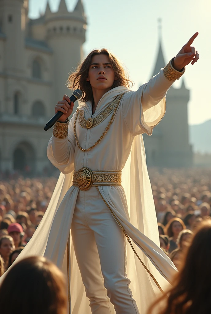 artwork best quality beautiful realistic american male teenager long brown hair light skin with white cape and hooded coat on head with gold details white long sleeve shirt and white pants underneath intricate details singing holding a microphone seen from afar pointing at the audience on top of an ancient medieval castle a concert with details uhq 8k details