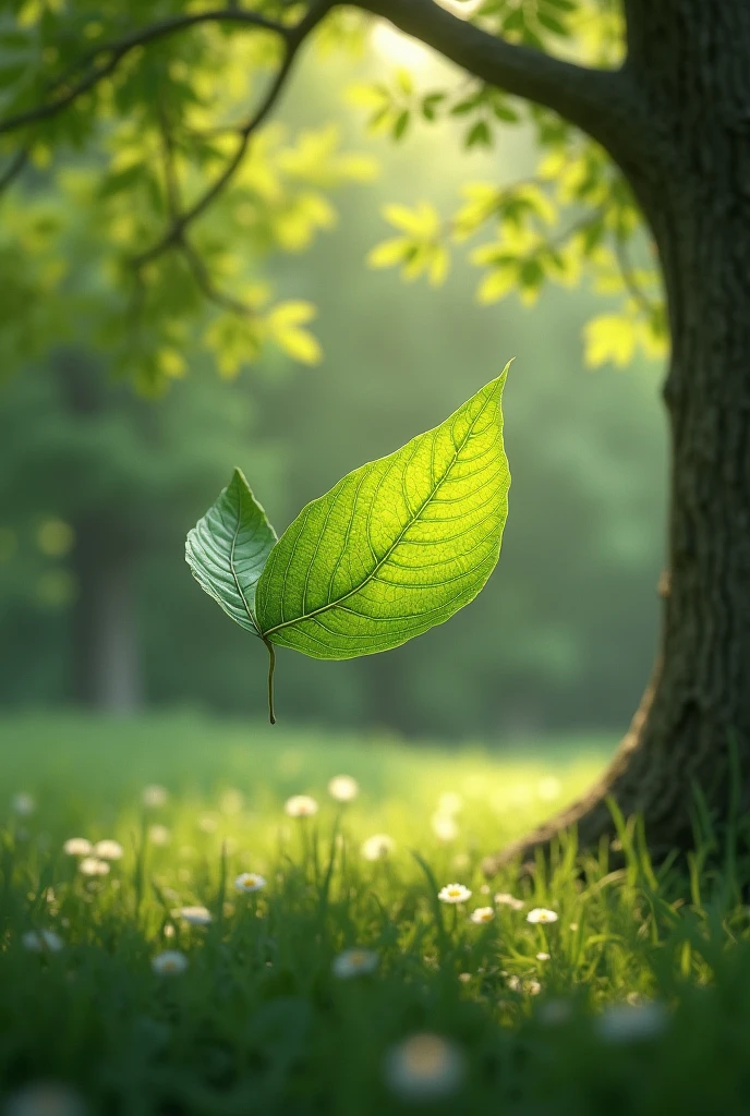 Leafy tree from which a single leaf flies, moved by the wind