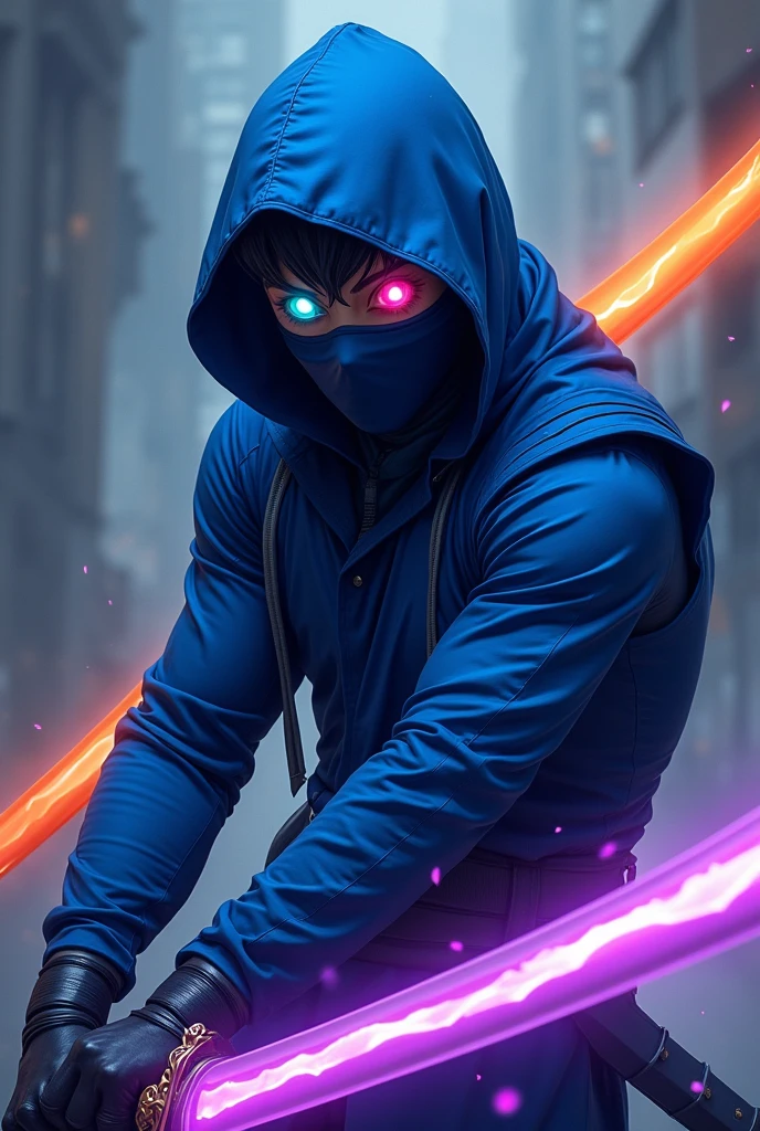 ANIME Blue ninja suit,has a jet black body and is masked. blue eyes,Glowing Green Eyes,Glowing Red eye,Has a total of 5 eyes including Shining Purple eyes and Shining White eyes and has a medium level muscle mass.,An anime man with one purple aura sword and one orange aura sword positioned diagonally behind him.
