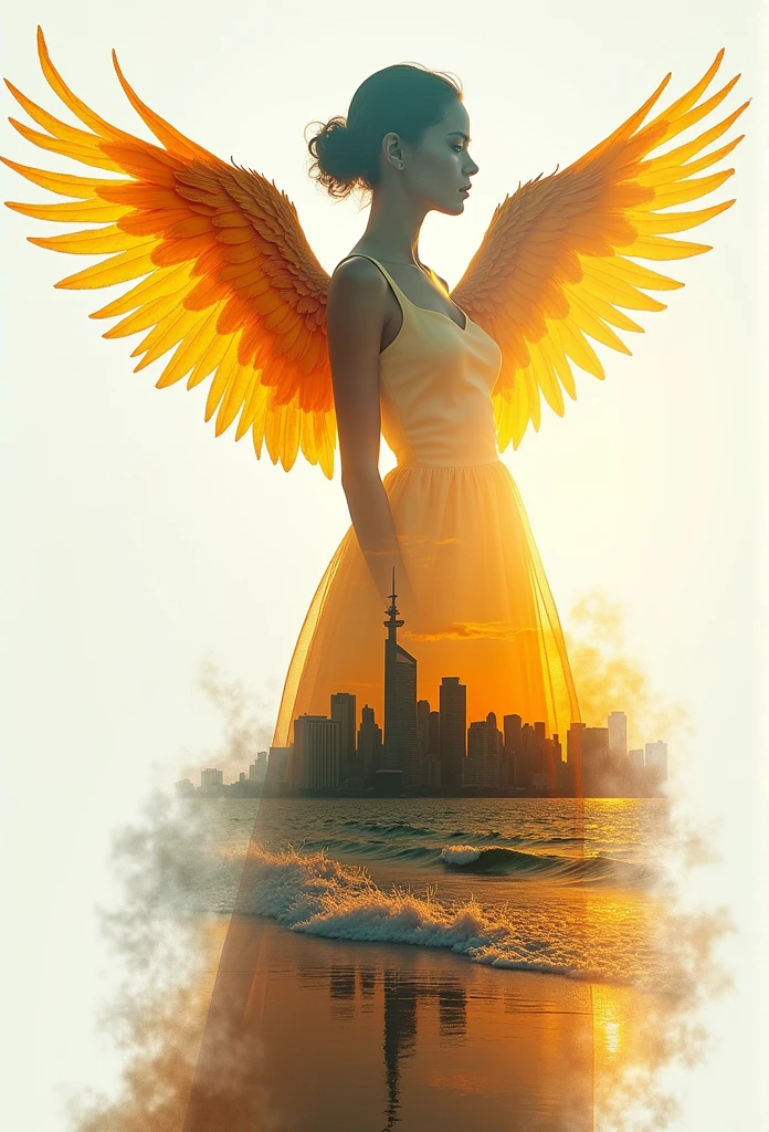 Double exposure: 1.5, (Ultra HD photo, Sharp outline quality), Best quality, Realistic 8K stock photo, (Pretty girl's upper body silhouette in flowing fluffy dress looking at viewer_Closeup angle: 1.1), (Beautiful city background inside girl silhouette and flaming golden phoenix with gorgeous wings superimposed inside girl silhouette_Zoomed in on the center..), (Golden feathers spreading in the air with flapping wings_Dynamic angle), Outside the silhouette, left city is heaven, right blue beach, sunny day outdoor blue sky, fluffy clouds, halo, (Realistic photo image with vivid colors of vivid blue, white and gold), Outside the silhouette, blurred green nature background in the margin,