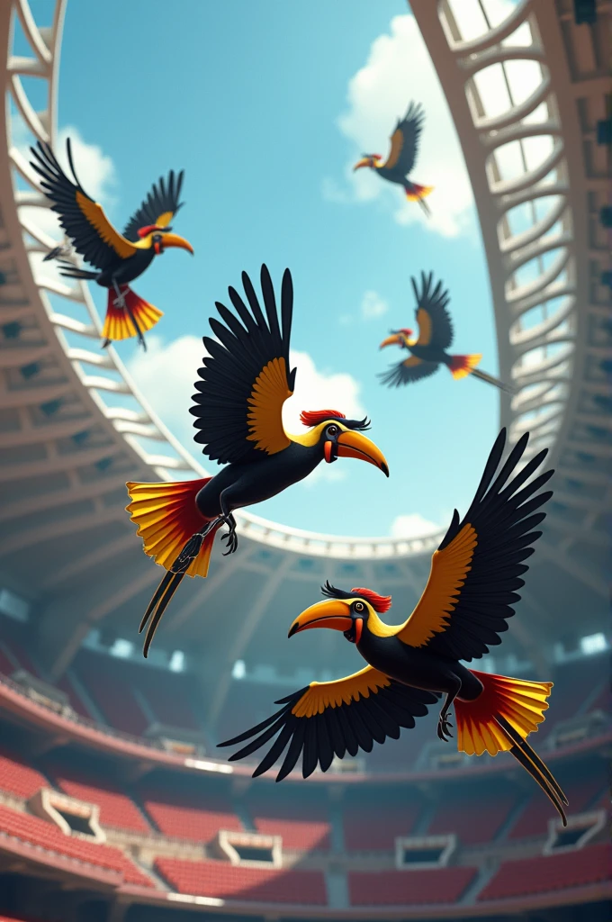 Hornbills with color black yellow red flying around the stadium