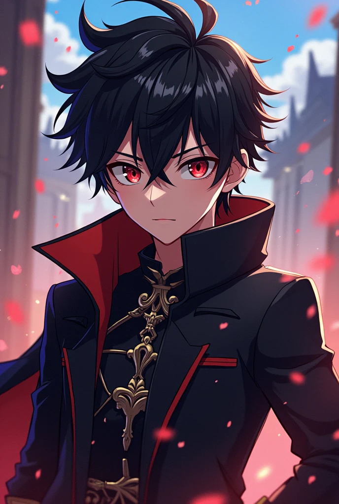 generates an anime style image of what the son of Charlotte Roselei and Yami Sukehiro would be like, a 1 boy with serious faces