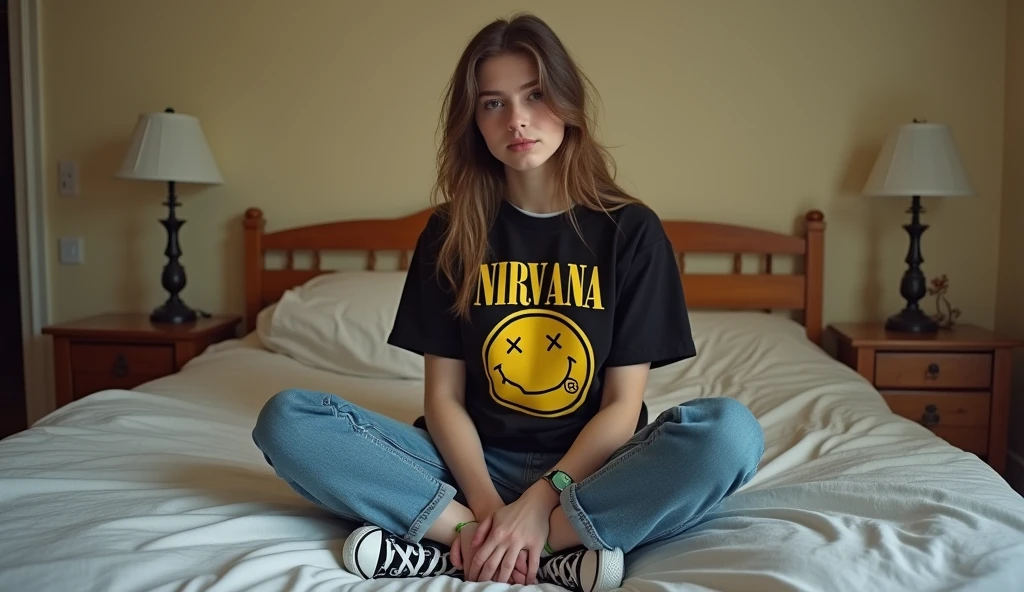 He wore All Star sneakers , Nirvana band t-shirt , Sitting on bed in bedroom , Amateur photo style , Woman in her 20s