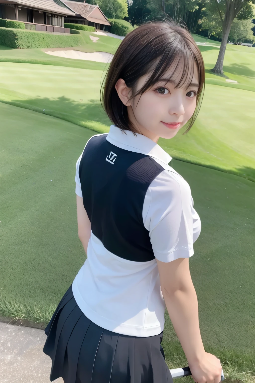 You are a professional photographer,BREAK,A healing presence、(4K,8k,Masterpiece,Realistic)、Super Resolution:1.3、Real、 RAW Photos、(Realistic:1.2)、(Japanese women)、Japanese Idol、(Beautiful face in every detail)、Angle from behind、2、A gentle gaze、Natural Makeup、short hair、Cleavage、Sexy golf wear、mini skirt、Wear a sun visor、smile、Golf course、Turf、Outdoor