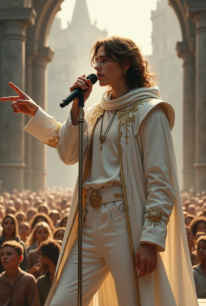 artwork best quality beautiful realistic american male teenager long brown hair light skin with white cape and hooded coat on head with gold details white long sleeve shirt and white pants underneath intricate details singing holding a microphone seen from afar pointing at the audience on top of an ancient medieval castle a concert with details uhq 8k details