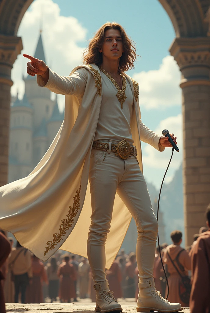 artwork best quality beautiful realistic american male teenager long brown hair light skin with white cape and hooded coat on head with gold details white long sleeve shirt and white pants underneath intricate details singing holding a microphone seen from afar pointing at the audience on top of an ancient medieval castle a concert with details uhq 8k details